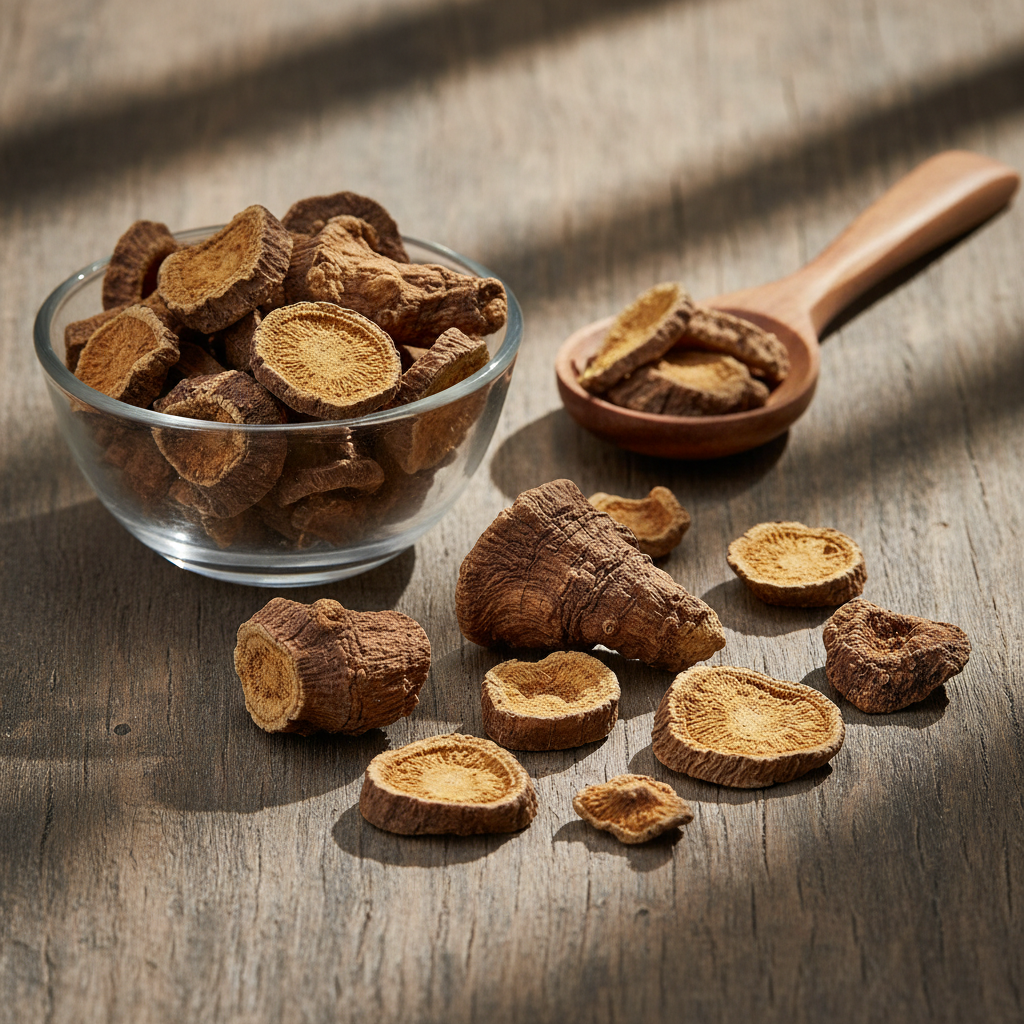 Badhari Qand (Bhadra Kand/Wild Yam Root) dried root pieces on wooden surface with glass bowl and wooden spoon