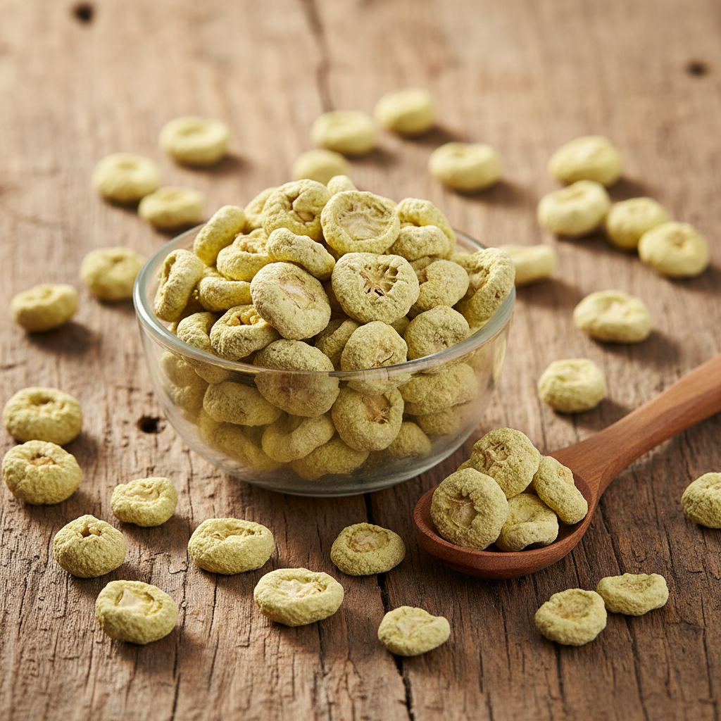 Bitter Apple (Indrayan/Hanzal/Citrullus Colocynthis) dried pale yellow-green fruits on wooden surface with glass bowl and wooden spoon