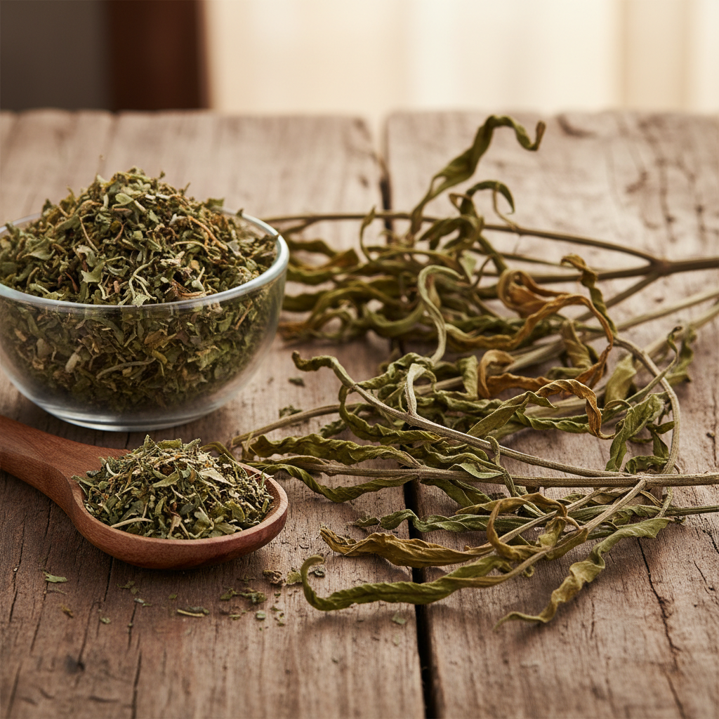 Sweet Chirata (Chirayta) dried herb on wooden surface with glass bowl and wooden spoon