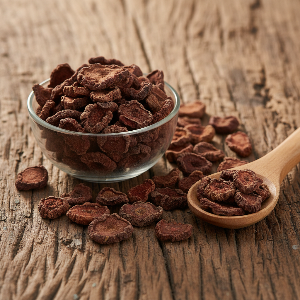 Chinese Rhubarb (Rewand Chini/Rheum Palmatum) dried dark reddish-brown root slices and chunks on wooden surface with glass bowl and wooden spoon