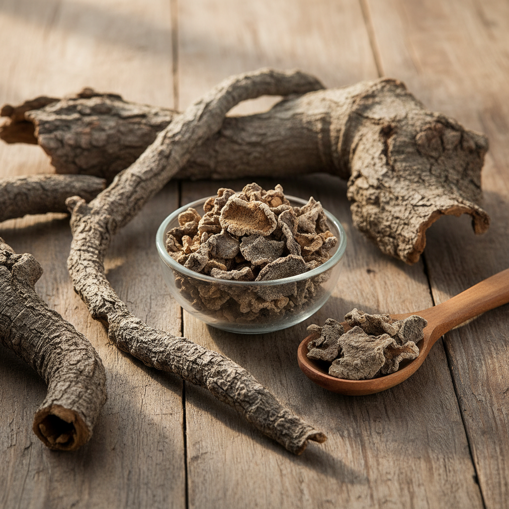 Bodhi Tree Bark (Peepal Bark/Ficus Religiosa) dried rough grey-brown bark pieces on wooden surface with glass bowl and wooden spoon