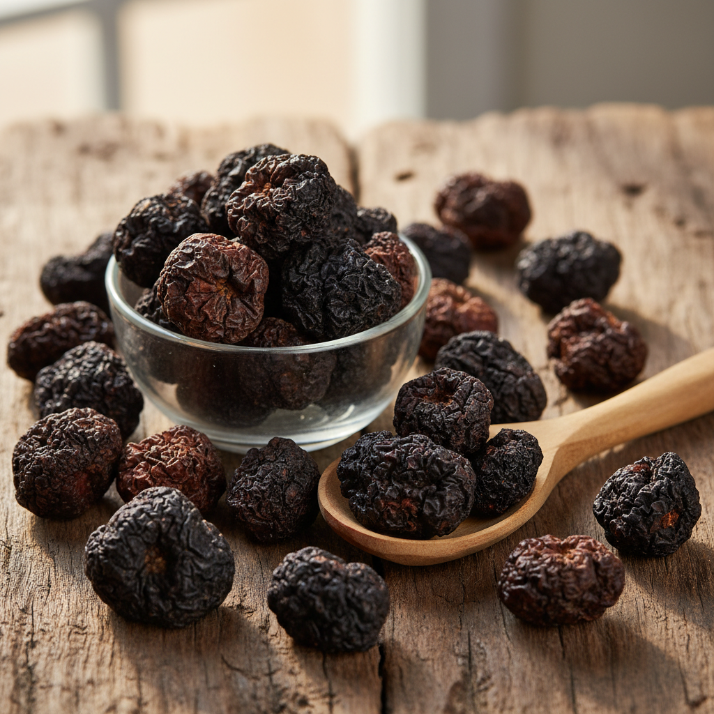 Black Chebulic Myrobalan (Haritaki Siyah/Kala Harar/Terminalia Chebula) dried dark black-brown wrinkled fruits on wooden surface with glass bowl and wooden spoon