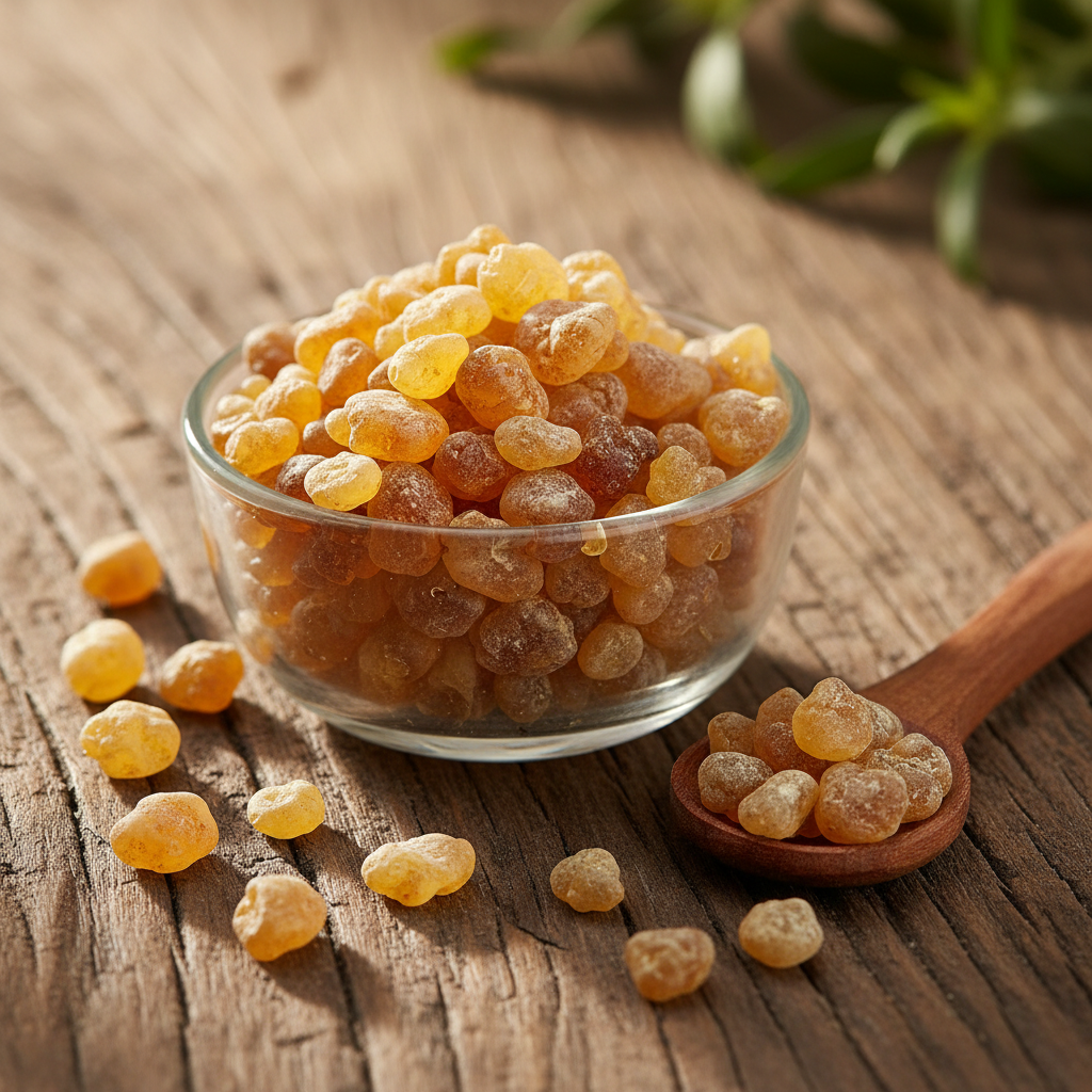 Babool Gum (Gond Babool/Acacia Arabica Gum) golden amber resin pieces on wooden surface with glass bowl and wooden spoon