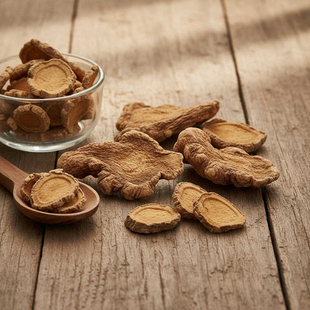 Bitter Ginger root (Zanjabil Murr/Zingiber Zerumbet) dried root pieces on wooden surface with glass bowl and wooden spoon