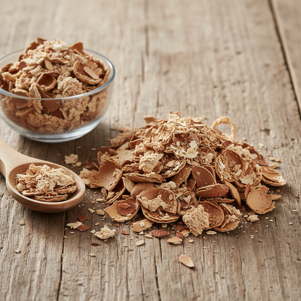 Almond Straw dried husks and shells (Tikh-e-Badam) on wooden surface with glass bowl and wooden spoon