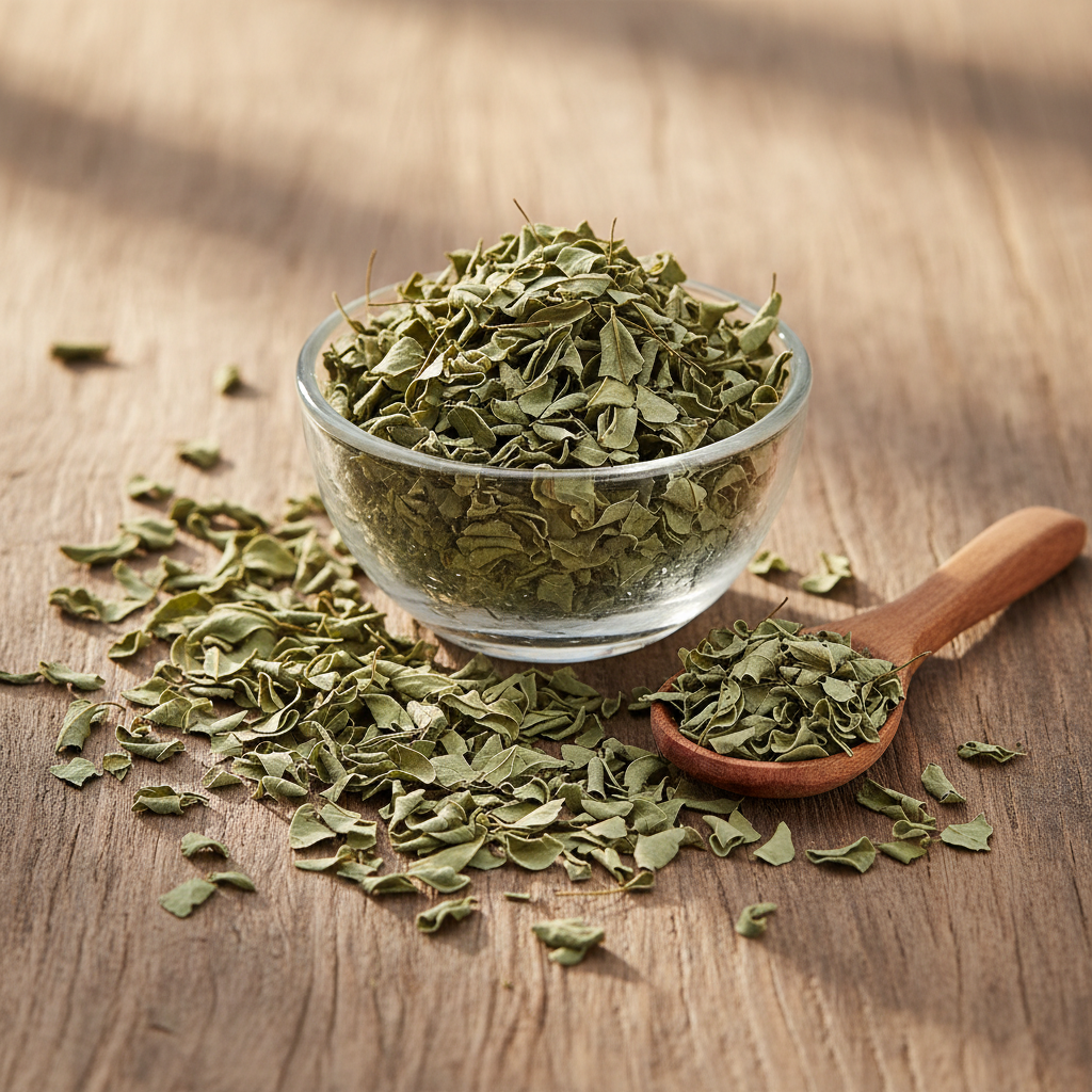Babool Leaves (Pattay Babool/Acacia Arabica) dried leaves on wooden surface with glass bowl and wooden spoon