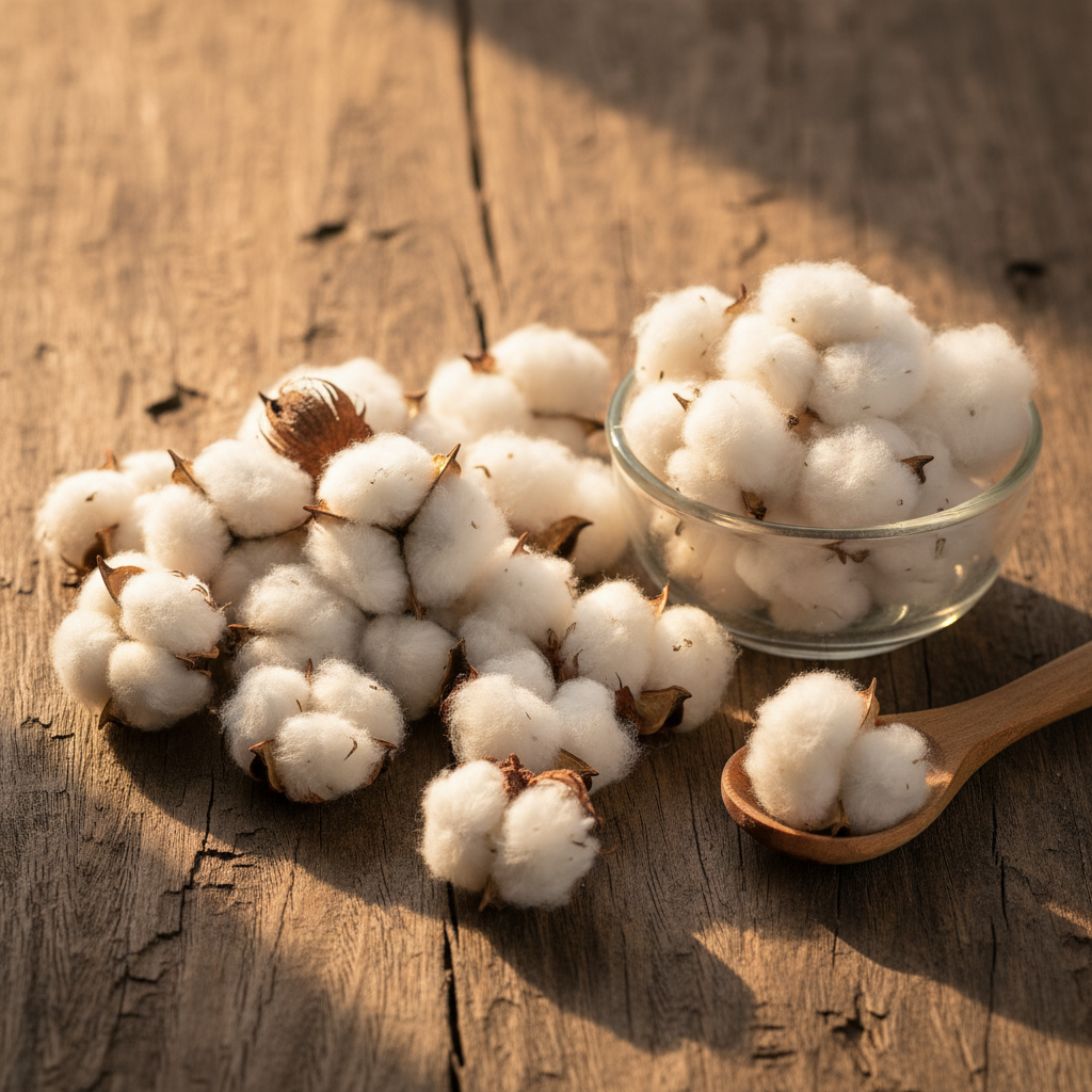 Indian Cotton Seeds (Tukhm-e-Karpas) on wooden surface with glass bowl and wooden spoon
