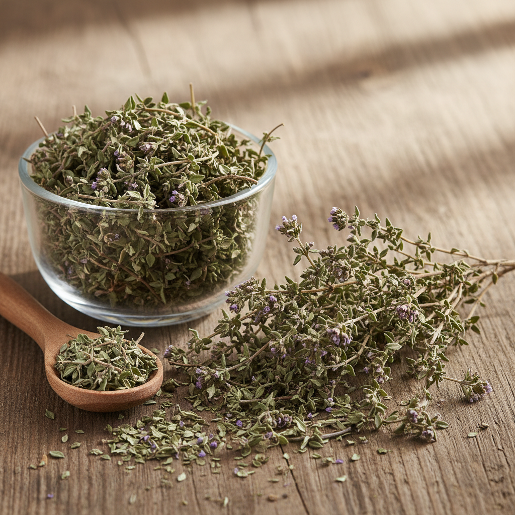 Breckland Thyme (Jungli Ajwain/Thymus Serpyllum) dried wild thyme sprigs with tiny grey-green leaves and small purple flowers on wooden surface with glass bowl and wooden spoon