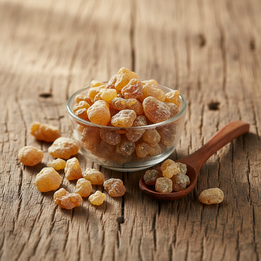 Indian Frankincense Gum resin (Kundur/Loban) on wooden surface with glass bowl and wooden spoon