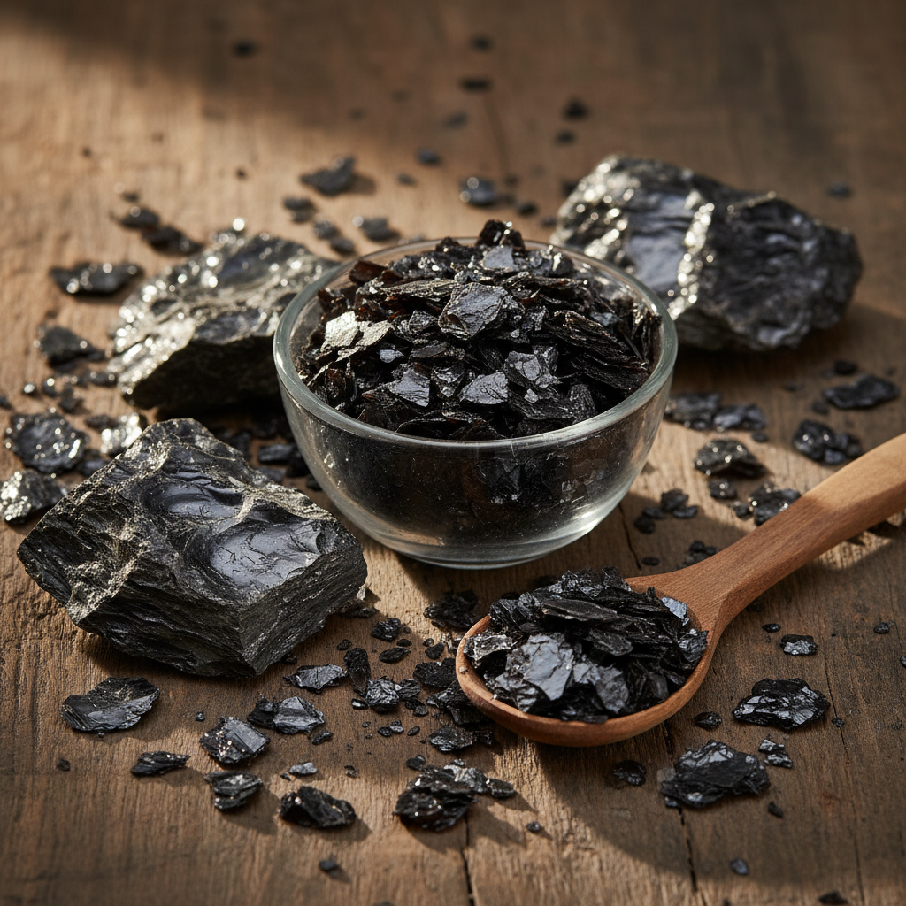 Black Mica (Abrak Siyah/Biotite) shiny dark black lustrous mica flakes on wooden surface with glass bowl and wooden spoon