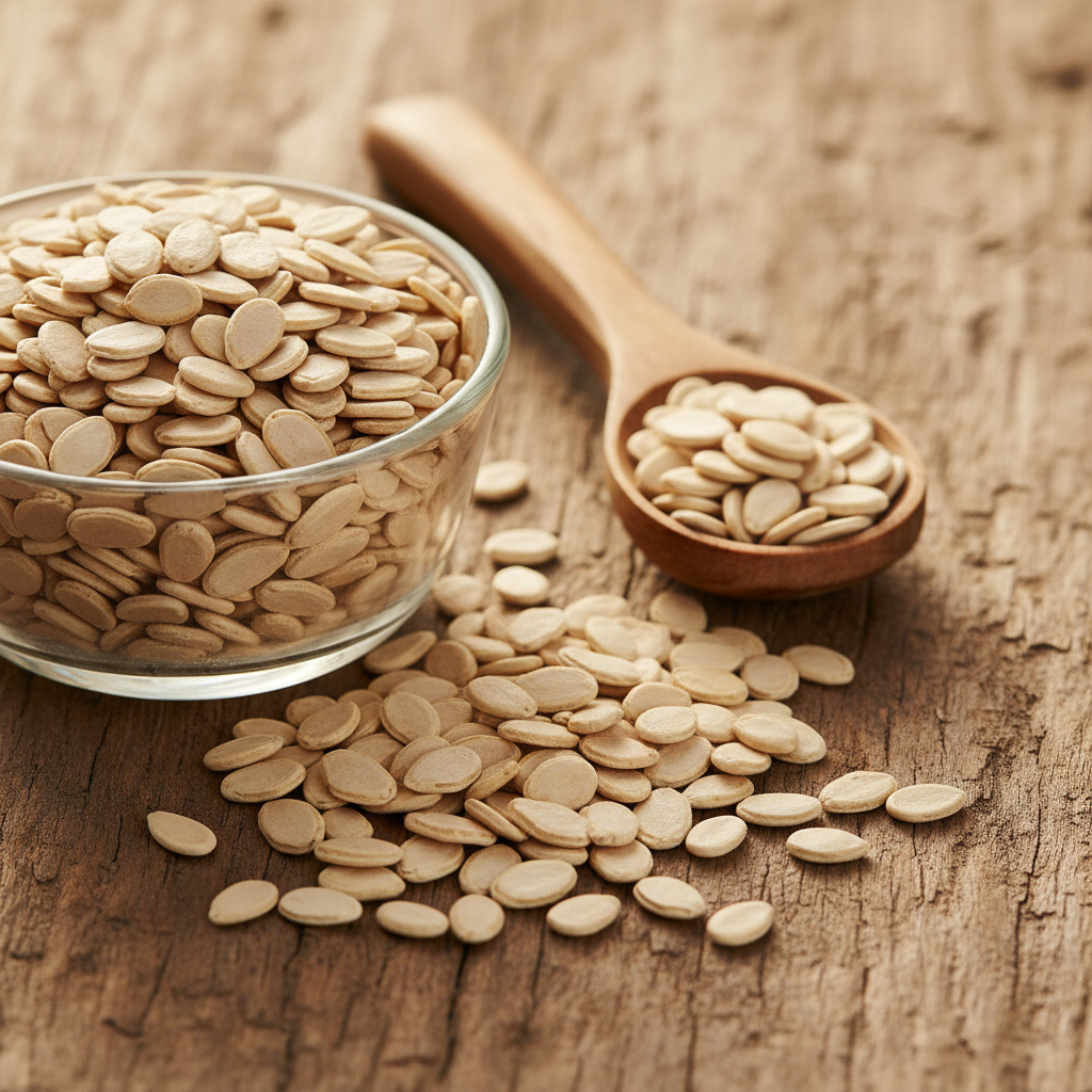Cucumber Seeds (Tukhm-e-Khiyar/Cucumis Sativus) dried small flat pale cream-white seeds on wooden surface with glass bowl and wooden spoon