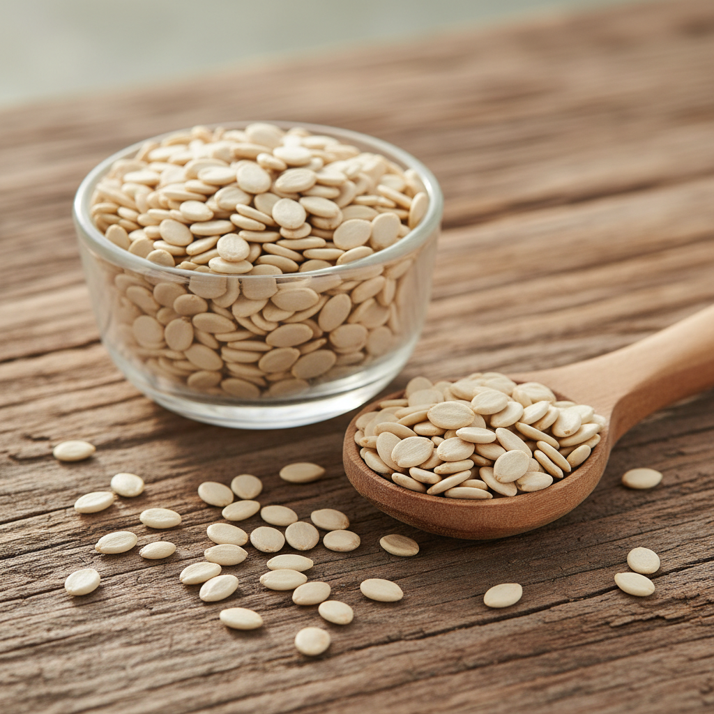 Bitter Apple Seeds (Tukhm-e-Indrayan/Citrullus Colocynthis seeds) small flat oval pale cream-white seeds on wooden surface with glass bowl and wooden spoon