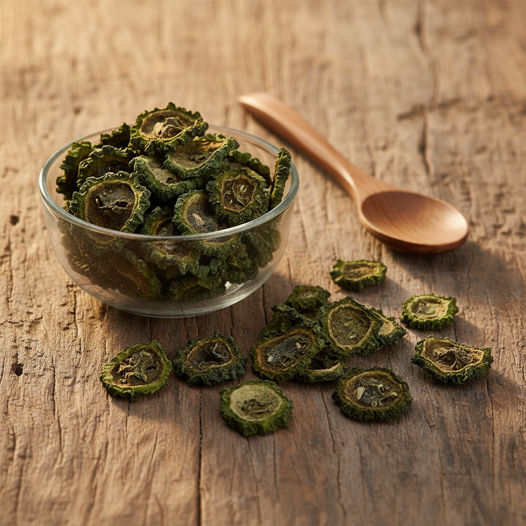 Dried Bitter Gourd (Karela Sukha/Momordica Charantia) dark green-brown dried slices on wooden surface with glass bowl and wooden spoon