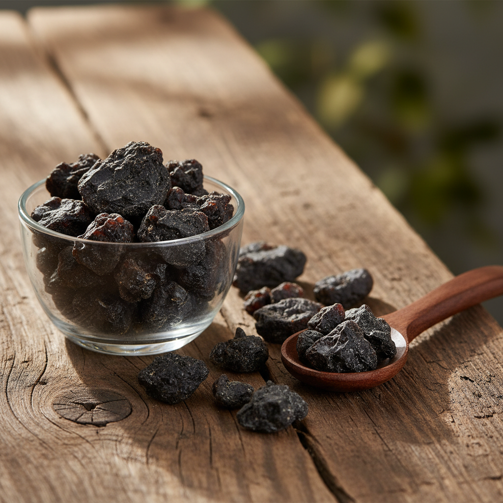 Black Dammar resin (Dammar Siyah/Canarium Strictum) dark black-brown chunks on wooden surface with glass bowl and wooden spoon