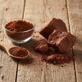 Bolus Armenus (Gel Armani/Armenian Bole) deep red-brown healing clay chunks and powder on wooden surface with glass bowl and wooden spoon