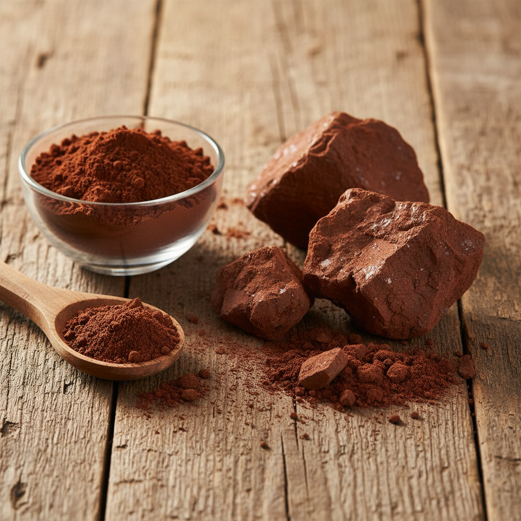 Bolus Armenus (Gel Armani/Armenian Bole) deep red-brown healing clay chunks and powder on wooden surface with glass bowl and wooden spoon