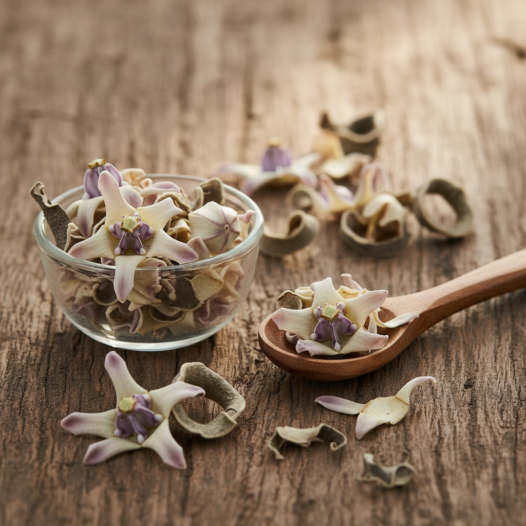 Crown Flower (Aak/Calotropis Gigantea) dried pale purple-white blossoms and bark pieces on wooden surface with glass bowl and wooden spoon