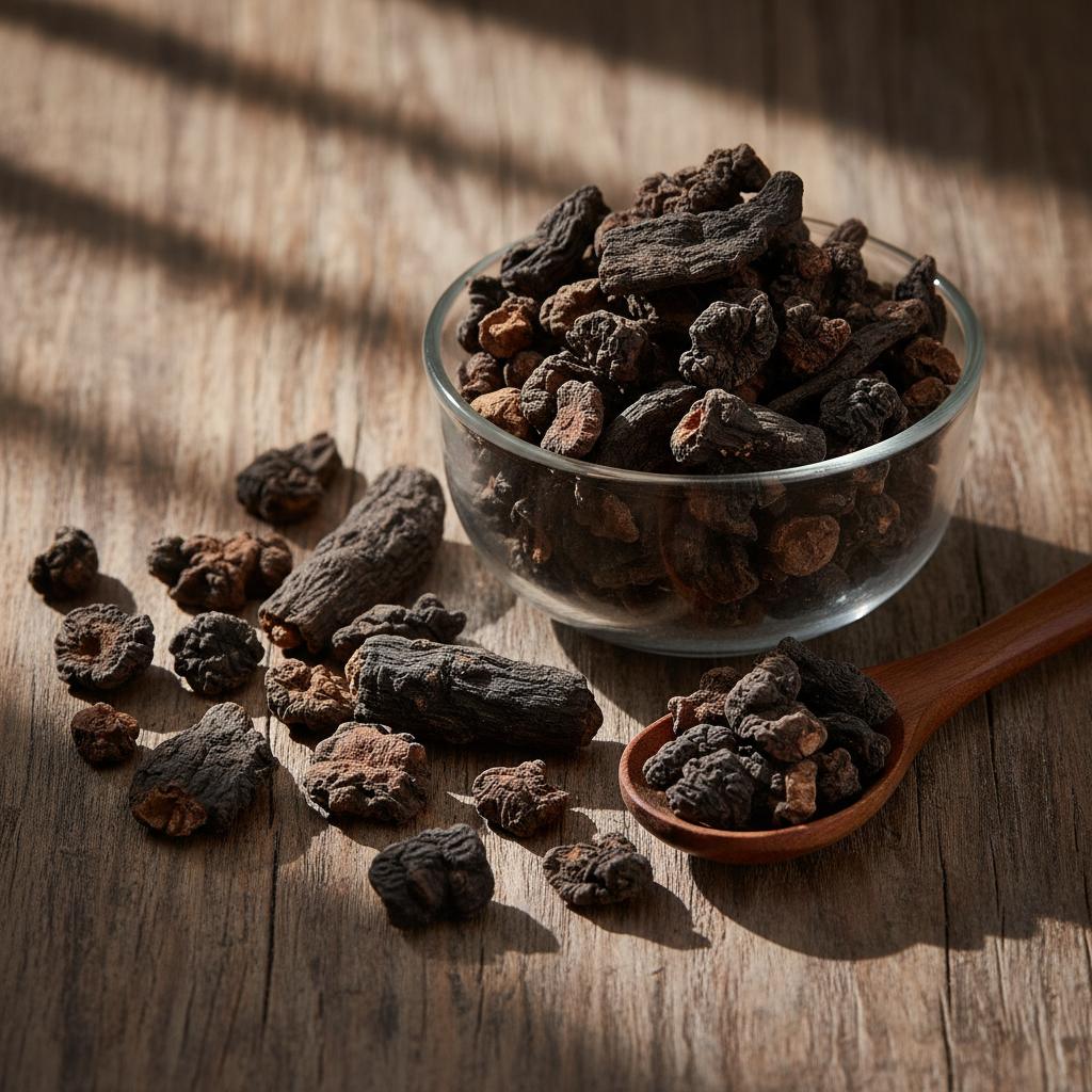 Black Musli root (Kali Musli/Curculigo Orchioides) dried dark black-brown roots on wooden surface with glass bowl and wooden spoon