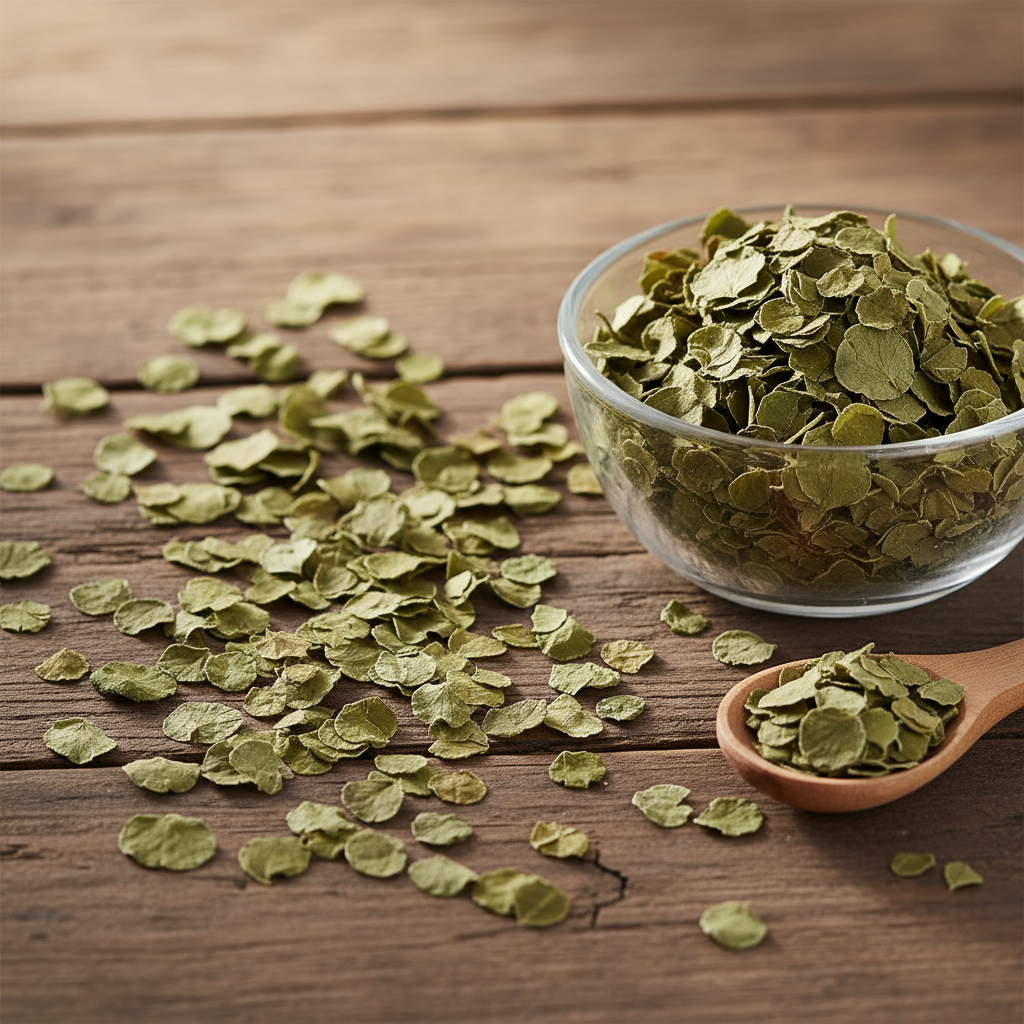 Centella (Brahmi/Gotu Kola/Centella Asiatica) dried small round fan-shaped green leaves on wooden surface with glass bowl and wooden spoon
