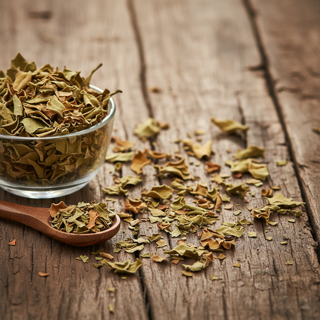 Dried Henna Leaves (Mehndi) on wooden surface with glass bowl and wooden spoon