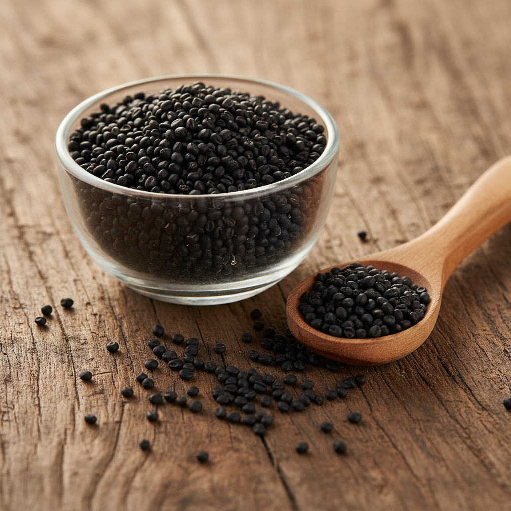 Basil Seeds (Tukhm-e-Rehan/Sabja) tiny black seeds on wooden surface with glass bowl and wooden spoon