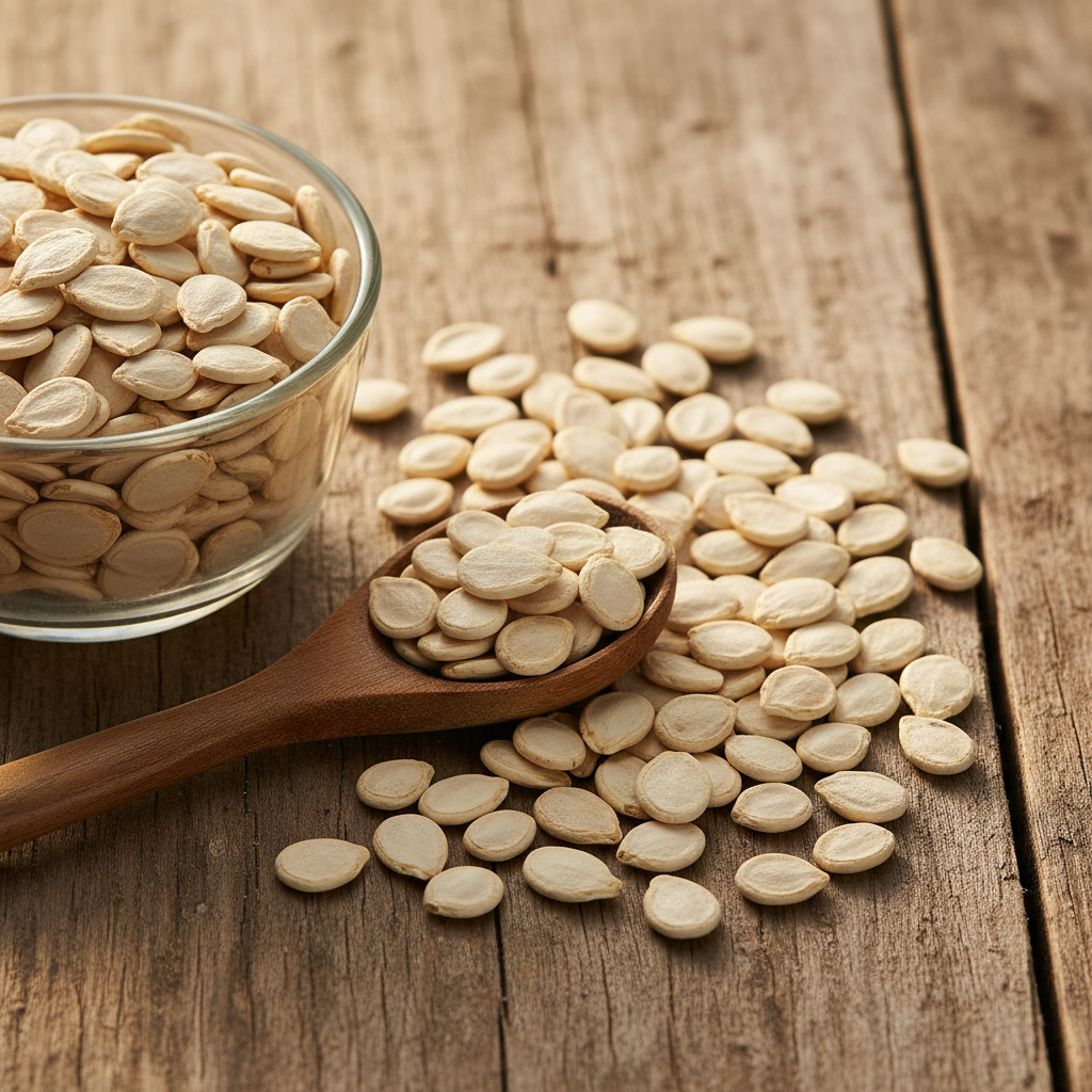 Bitter Gourd Seeds (Tukhm-e-Karela/Momordica Charantia seeds) small flat oval cream-white seeds on wooden surface with glass bowl and wooden spoon