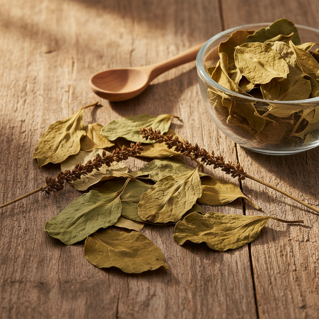 Broadleaf Plantain (Bartang/Plantago Major) dried broad oval green-brown leaves and seed spikes on wooden surface with glass bowl and wooden spoon