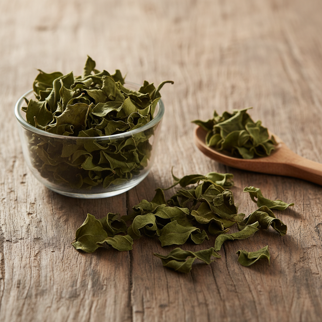Curry Leaves (Kari Patta/Murraya Koenigii) dried dark green aromatic leaves on wooden surface with glass bowl and wooden spoon
