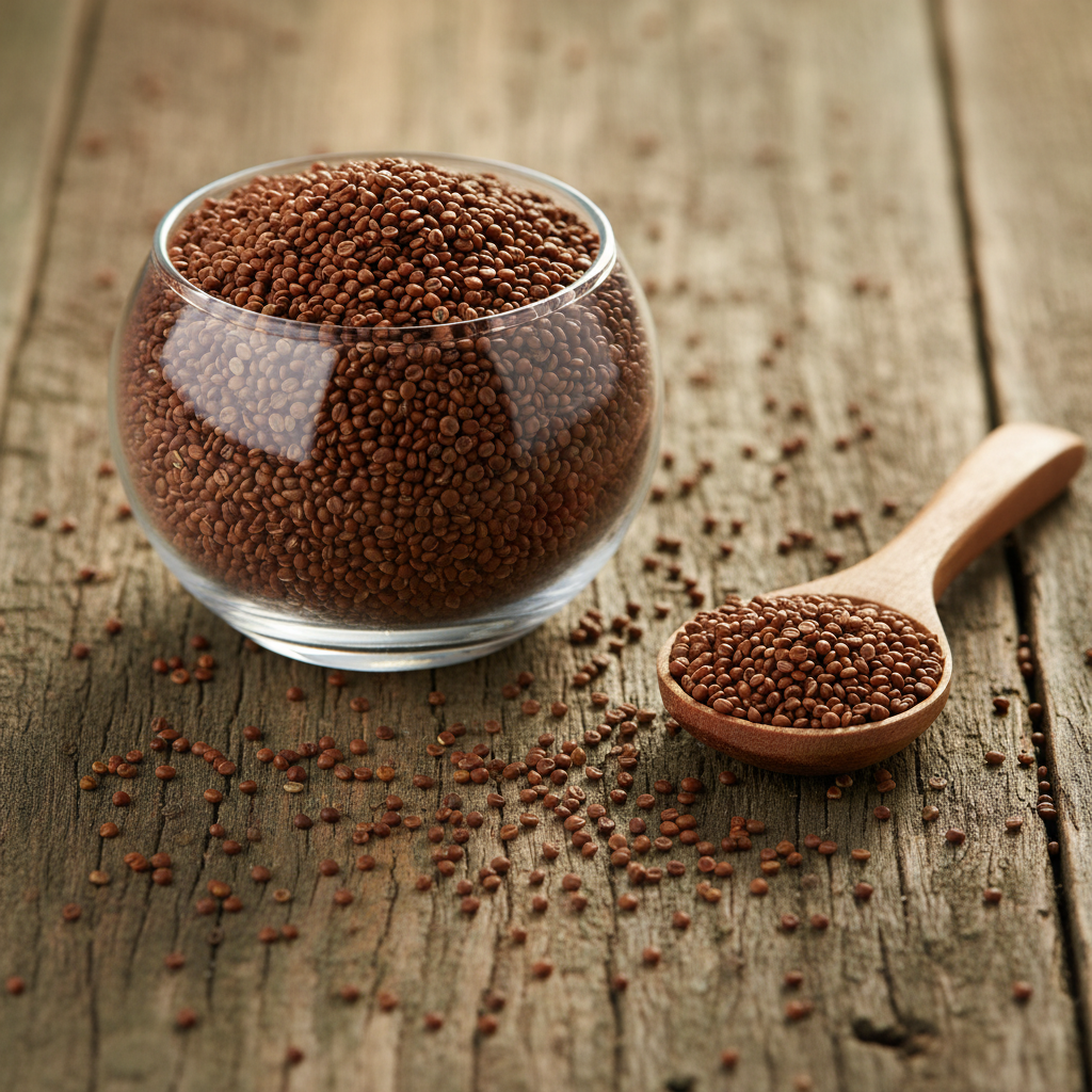 Cress Seeds (Habb ul Rashad) on wooden surface with glass bowl and wooden spoon