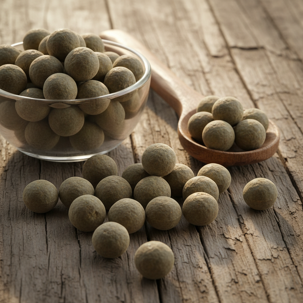 Bonduc Nut (Karanjwa/Caesalpinia Bonduc) hard grey-green round seeds on wooden surface with glass bowl and wooden spoon