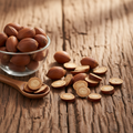 Areca Nuts (Supari/Fofal) on wooden surface with glass bowl and wooden spoon