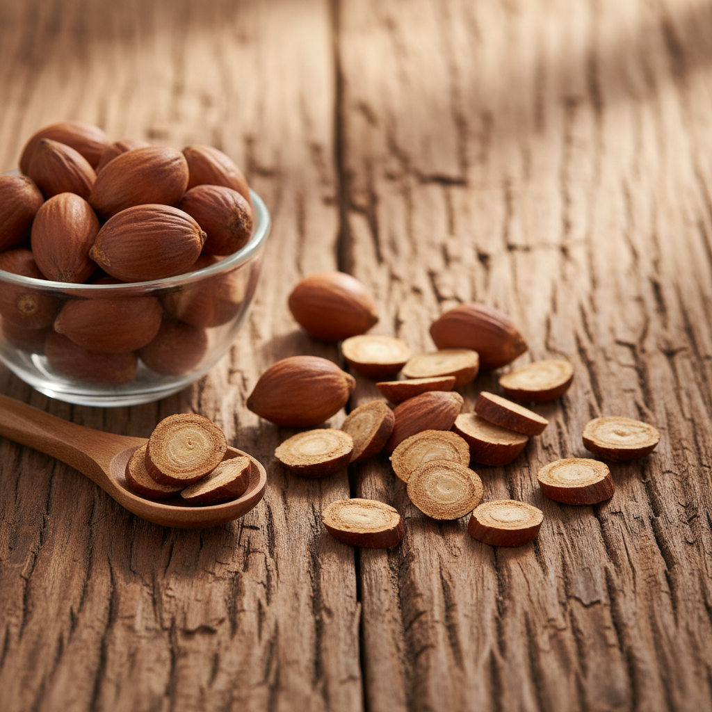 Areca Nuts (Supari/Fofal) on wooden surface with glass bowl and wooden spoon