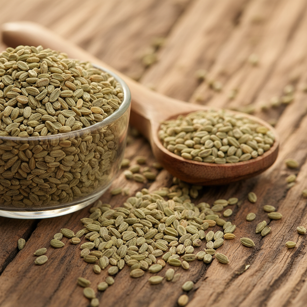 Carom Seeds (Ajwain/Trachyspermum Ammi) small pale greenish-grey seeds on wooden surface with glass bowl and wooden spoon