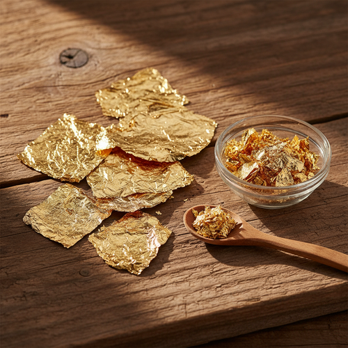 24K Gold Leaf (Warq-e-Tila) on wooden surface with glass bowl and wooden spoon