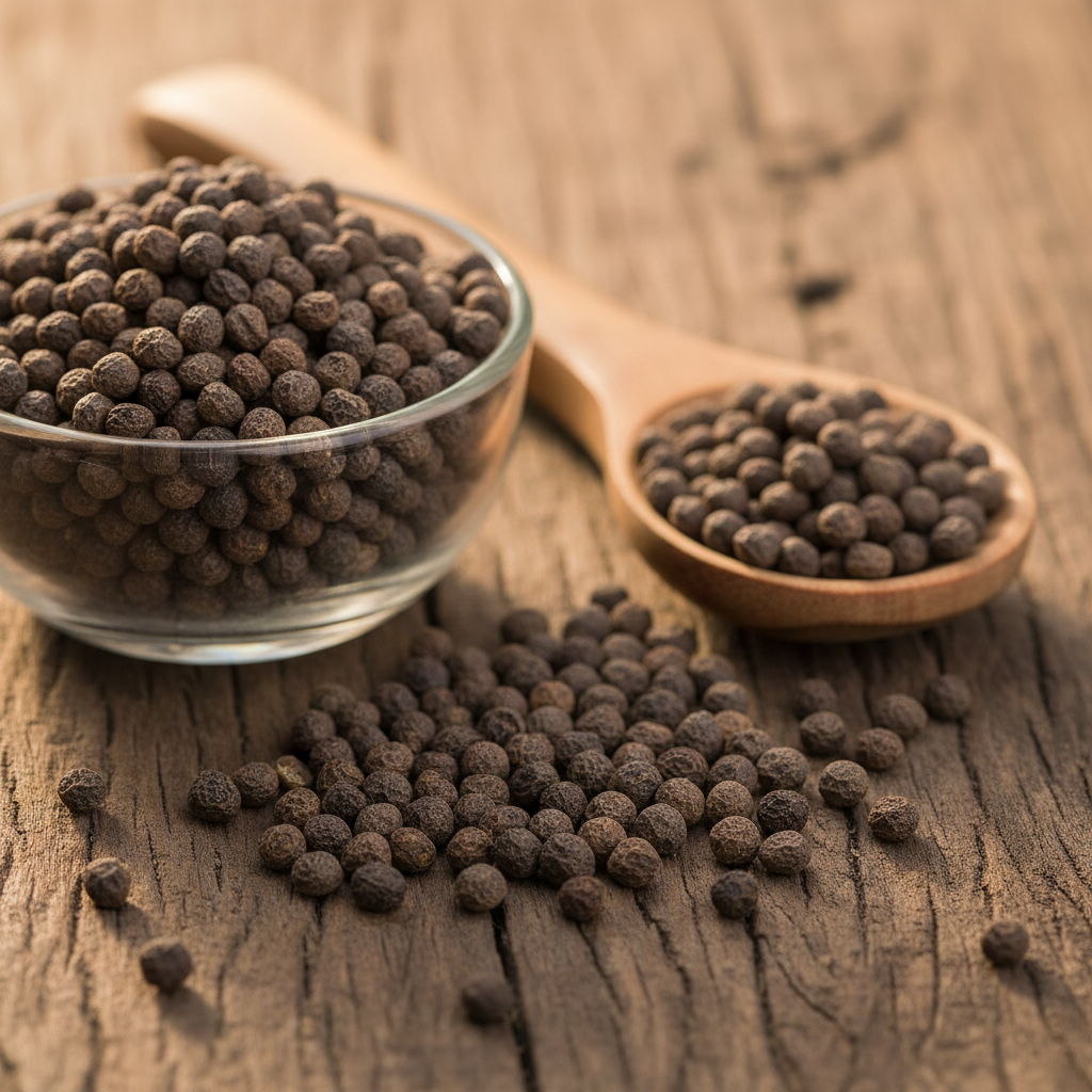 Chinese Chaste Tree Seeds (Tukhm-e-Sambhalu/Vitex Negundo) small round dark brown-grey aromatic seeds on wooden surface with glass bowl and wooden spoon