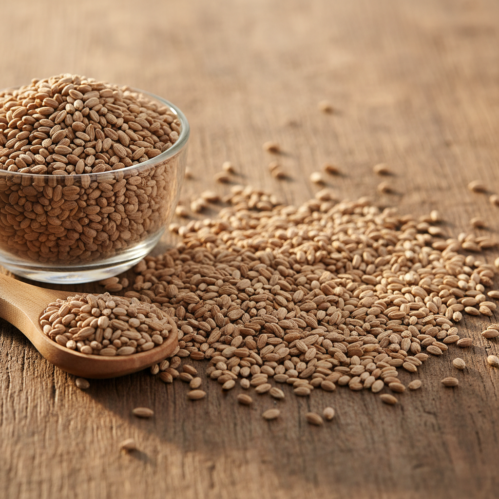 Chicory Seeds (Kasni) on wooden surface with glass bowl and wooden spoon
