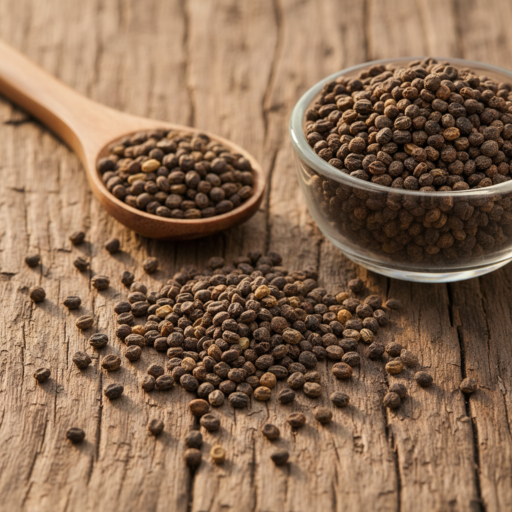 Babchi seeds (Bakuchi/Psoralea) on wooden surface with glass bowl and wooden spoon