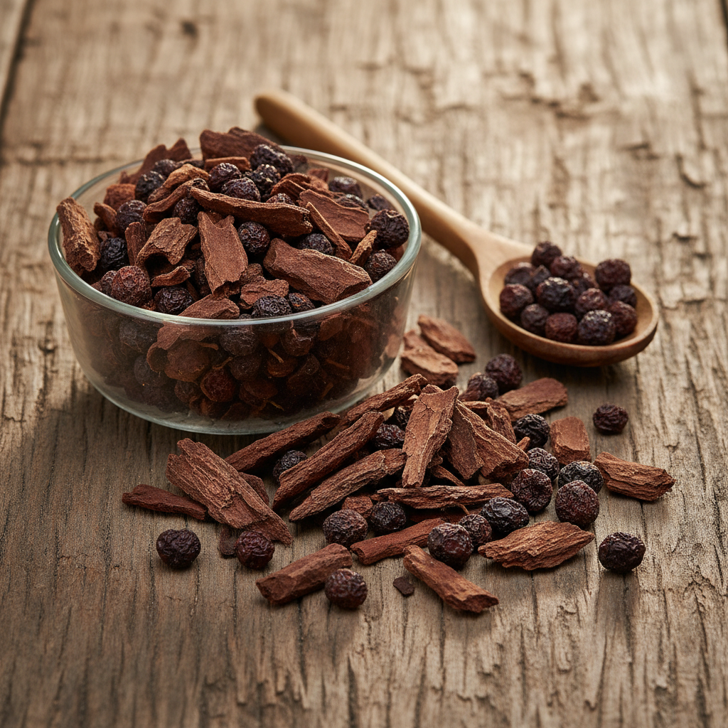 Box Myrtle (Kaitha/Kafal/Myrica Esculenta) dried dark reddish-brown bark pieces and small berries on wooden surface with glass bowl and wooden spoon