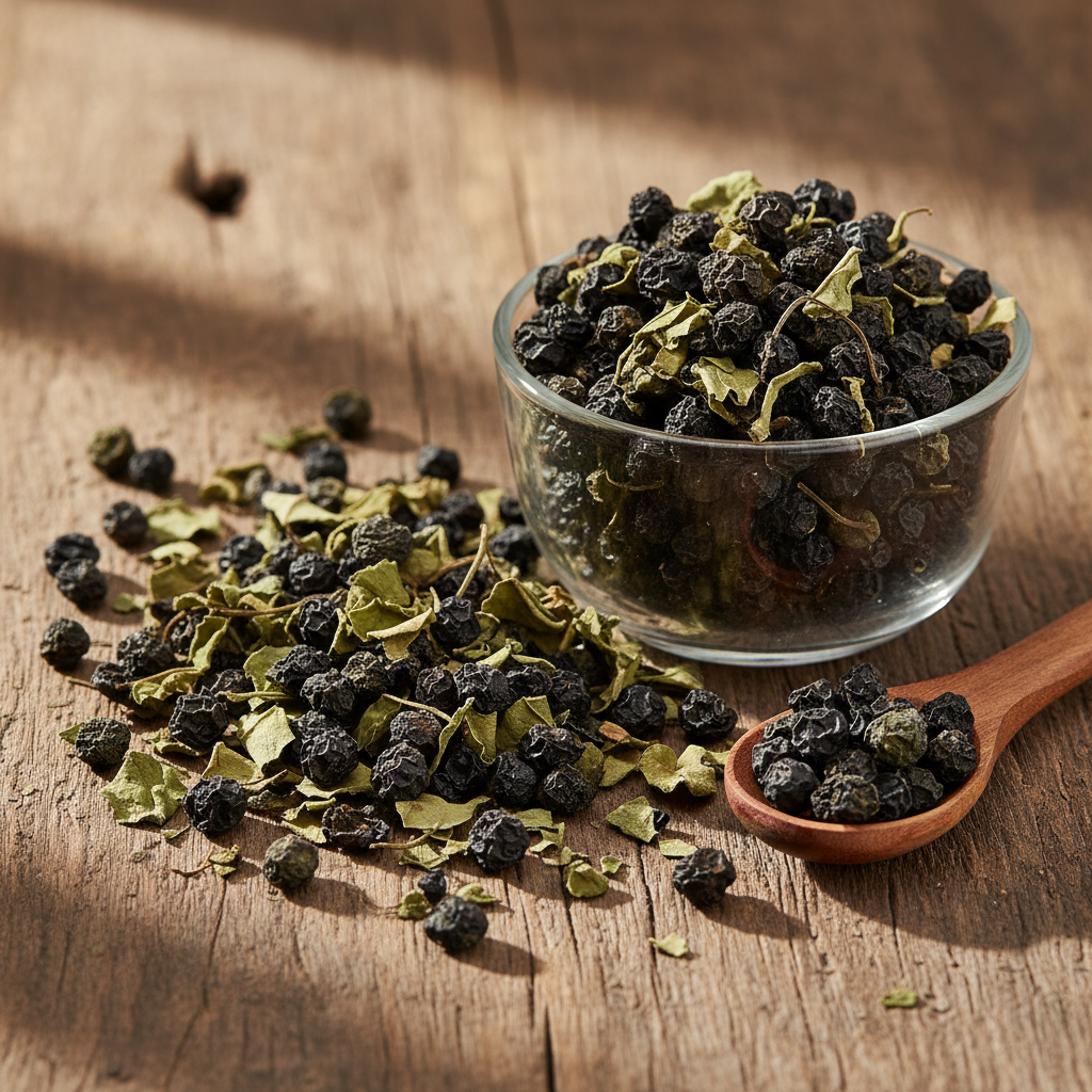 Black Nightshade (Makoh/Solanum Nigrum) dried dark black-green berries and leaves on wooden surface with glass bowl and wooden spoon