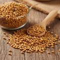 Fenugreek Seeds (Methi Dana) on wooden surface with glass bowl and wooden spoon