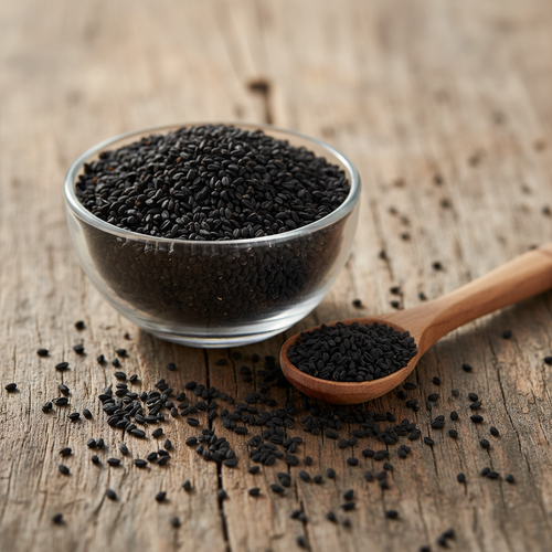 Black Caraway seeds (Kalonji) on wooden surface with glass bowl and wooden spoon