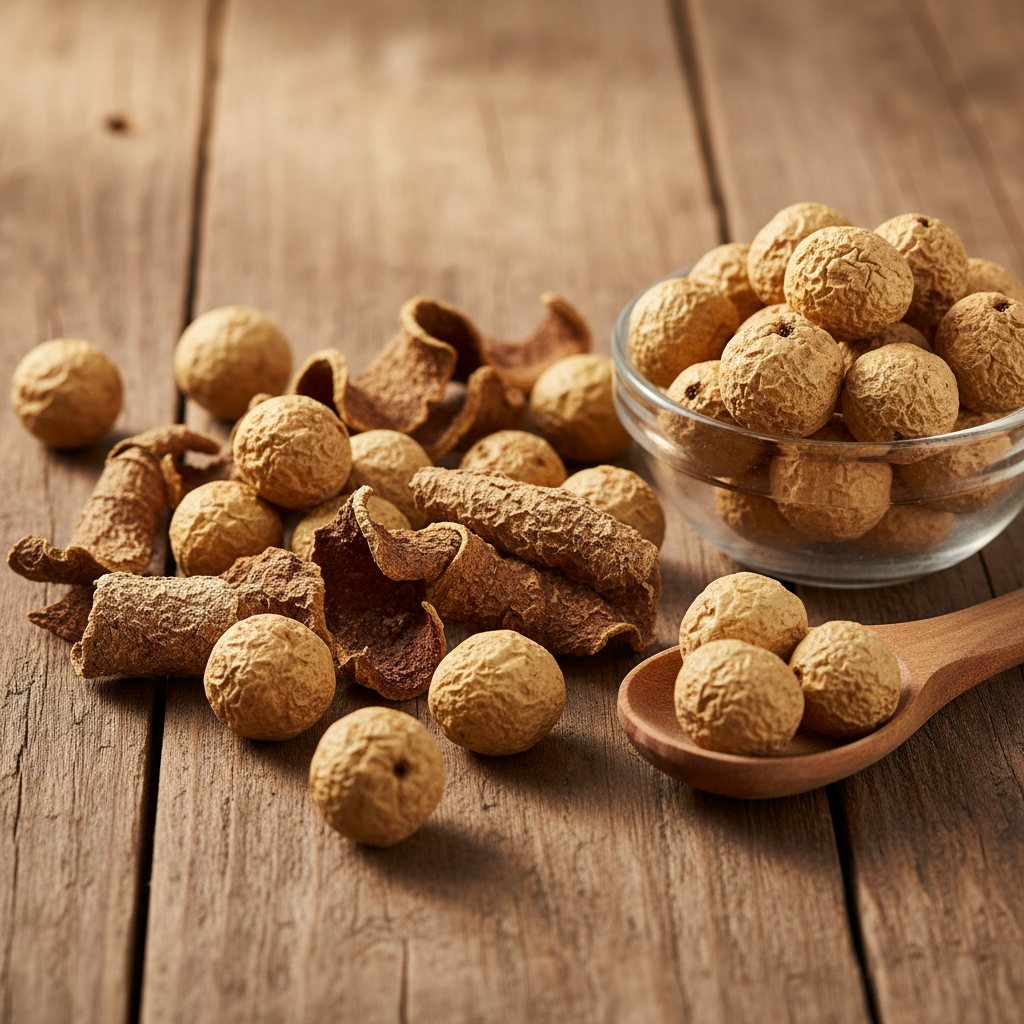 Chinaberry (Bakain/Darak/Melia Azedarach) dried pale yellow-brown round fruits and bark pieces on wooden surface with glass bowl and wooden spoon