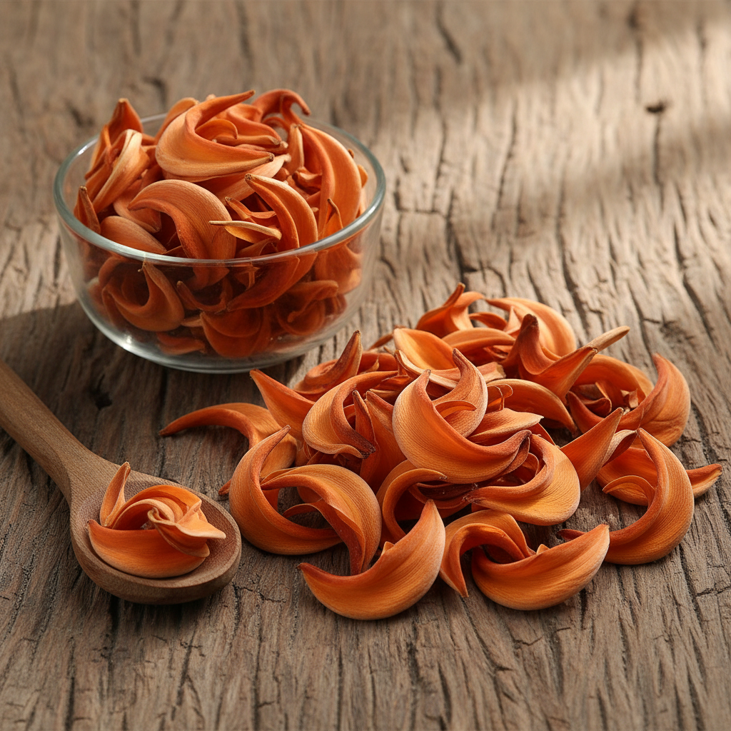 Axle Wood Flowers (Phool-e-Dhaak/Butea Monosperma) dried orange-red flowers on wooden surface with glass bowl and wooden spoon