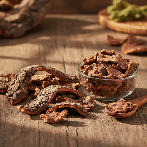 Acacia Tree Bark (Kikar/Babool) pieces on wooden surface with glass bowl and wooden spoon