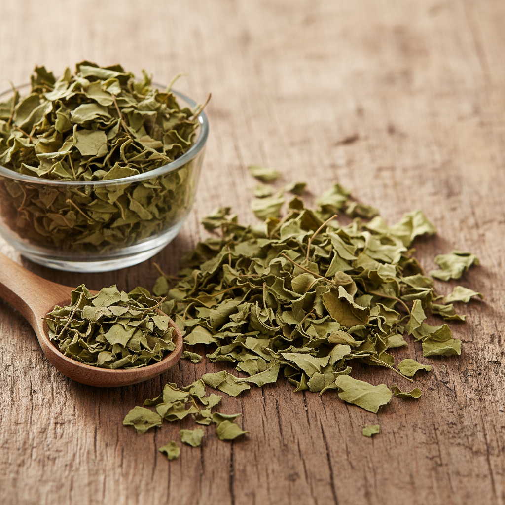 Dried Senna Leaves (Sana Makki) on wooden surface with glass bowl and wooden spoon