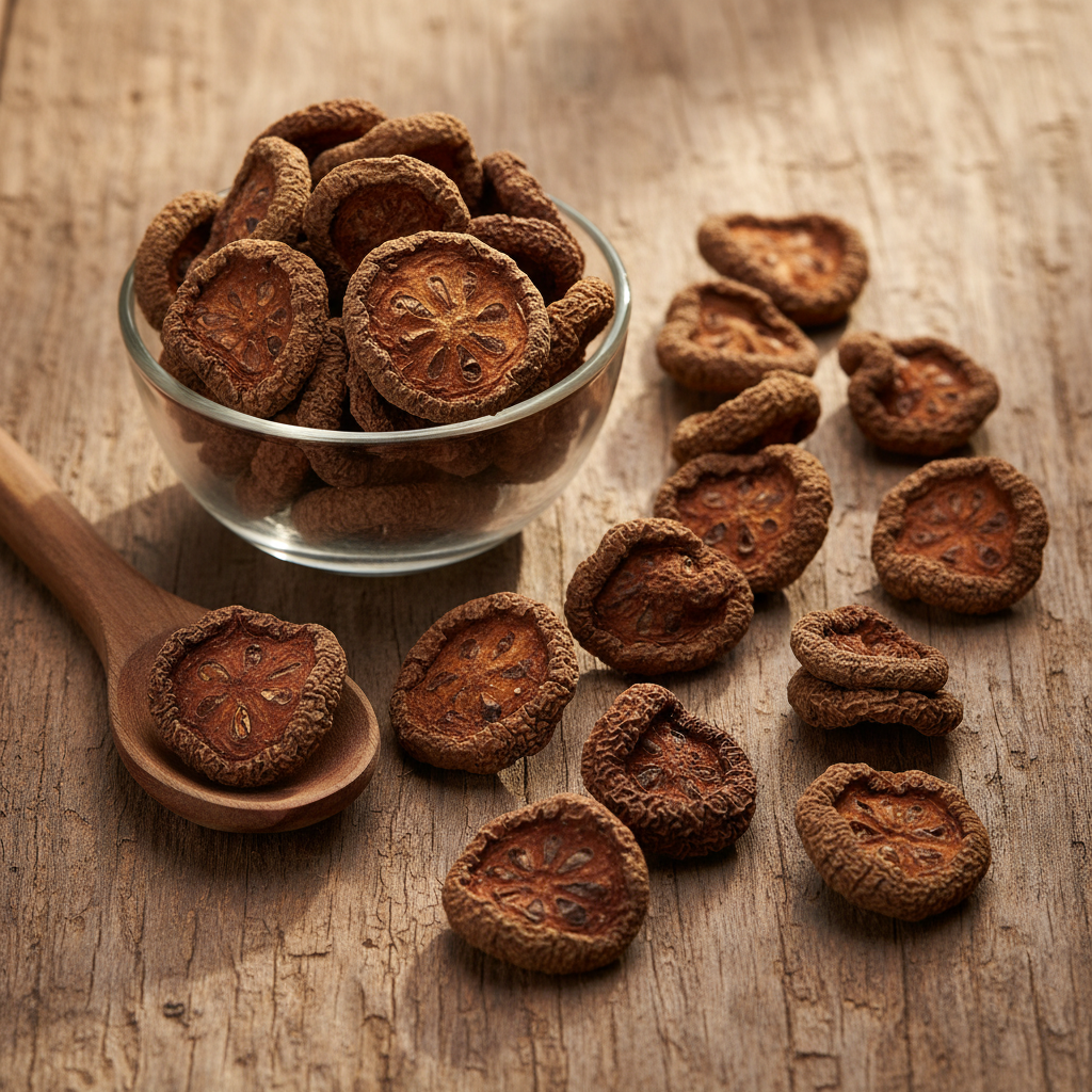 Chebulic Myrobalan (Harar/Haritaki/Terminalia Chebula) dried dark brown wrinkled fruits on wooden surface with glass bowl and wooden spoon