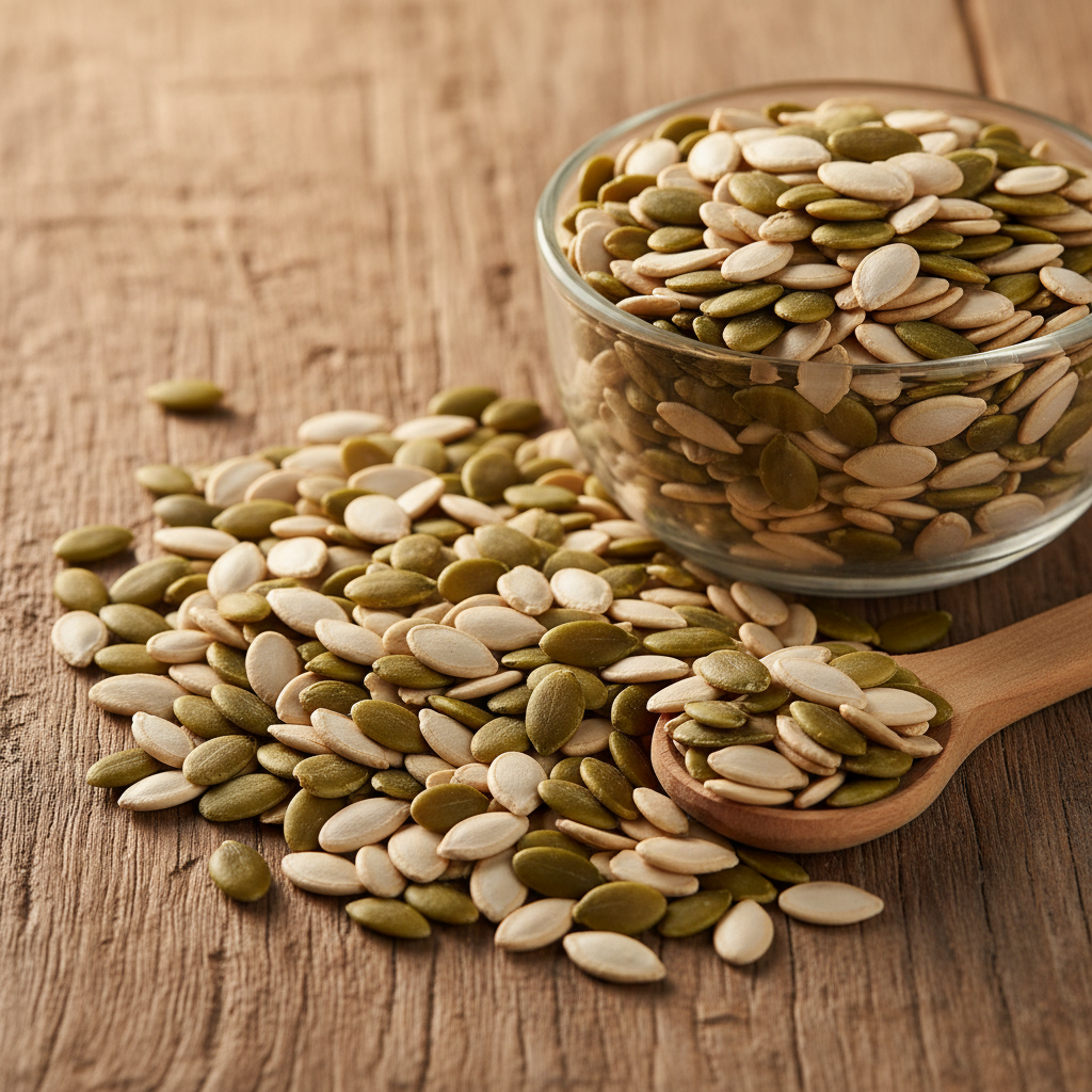 Char Magaz (Four Kernels) mix of watermelon, muskmelon, pumpkin and cucumber seeds on wooden surface with glass bowl and wooden spoon