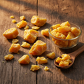 Desi Bees Wax (Moam/Cera Alba) golden-yellow natural beeswax chunks on wooden surface with glass bowl and wooden spoon