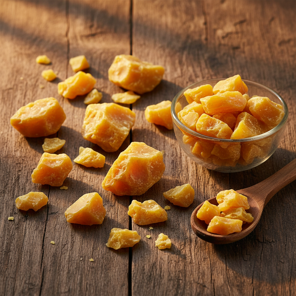 Desi Bees Wax (Moam/Cera Alba) golden-yellow natural beeswax chunks on wooden surface with glass bowl and wooden spoon